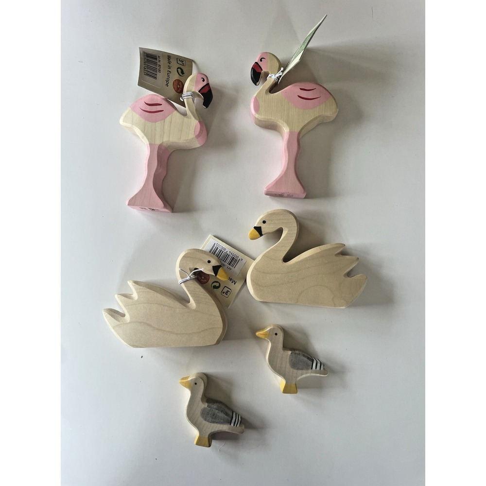 Holztiger Wooden Bird Lot Flamingo Swan Seagull Waldorf Montessori Toys *6 piece